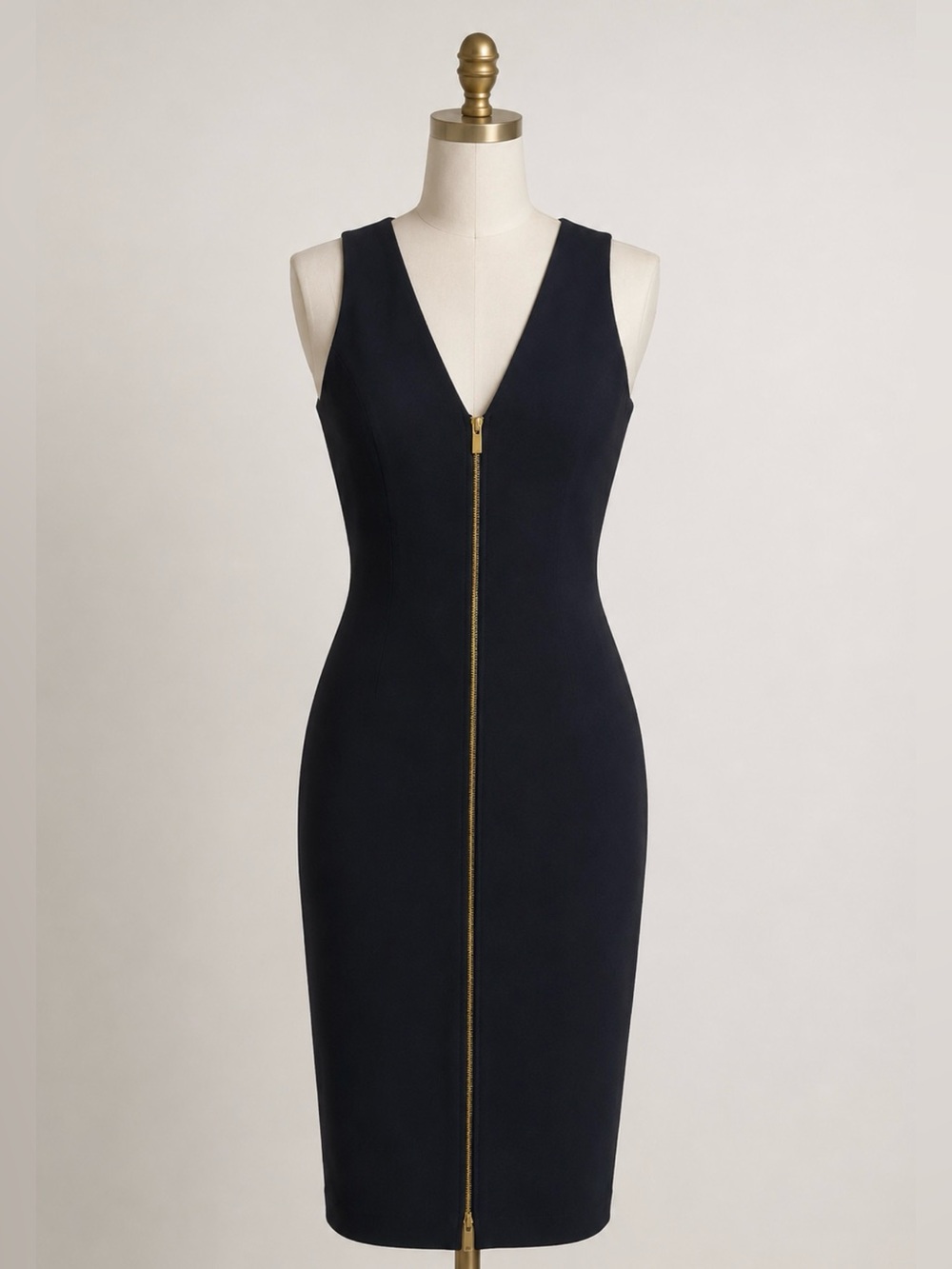 Enfocus Studio Black Midi Sheath Dress with Gold Front Zip